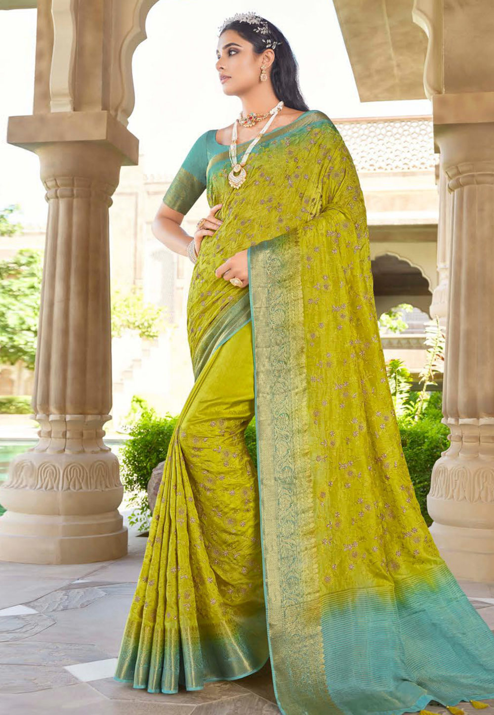 Light Green Tissue Silk Saree With Blouse 261602
