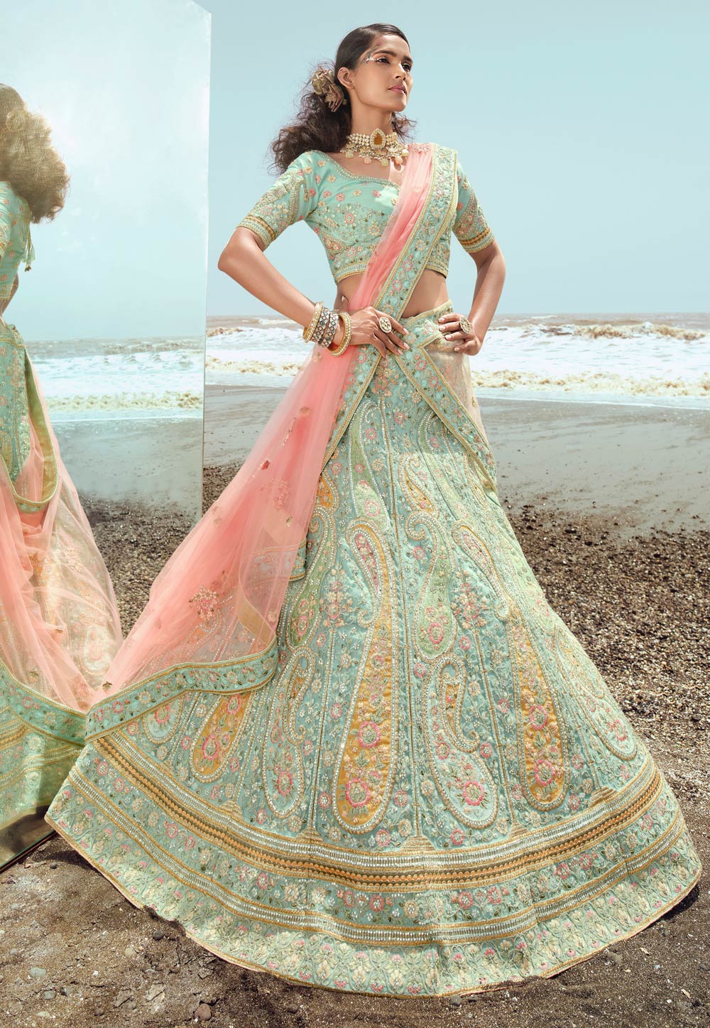 Sky Blue Organza A Line Lehenga Choli 248948