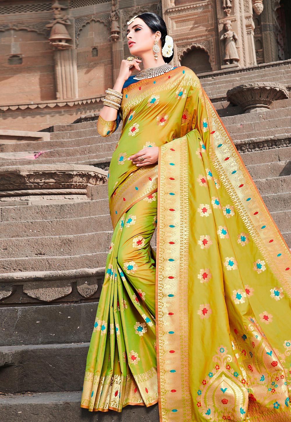Shaded Green Banarasi Silk Festival Wear Saree 172096
