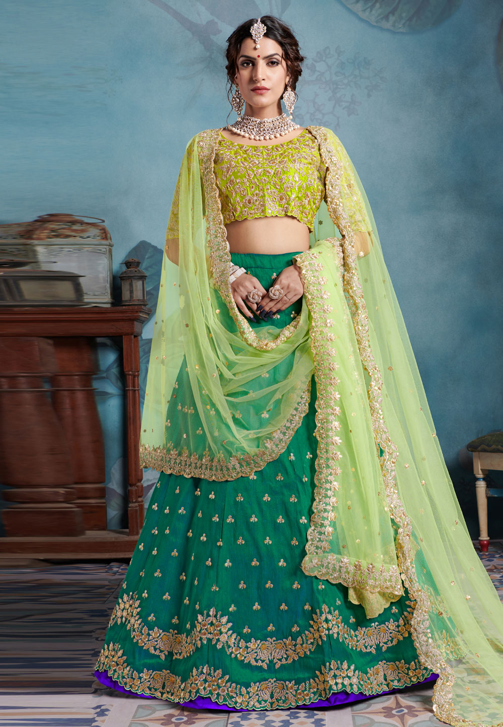 Green Art Silk Embroidered Circular Lehenga Choli 183894