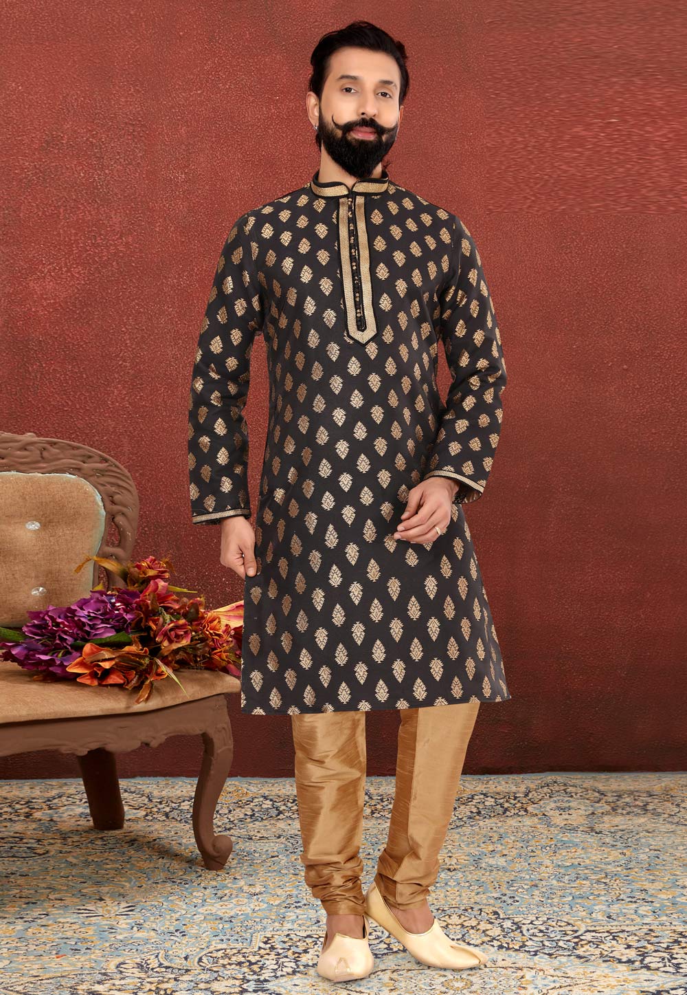 Black Jacquard Silk Kurta Pajama 240437