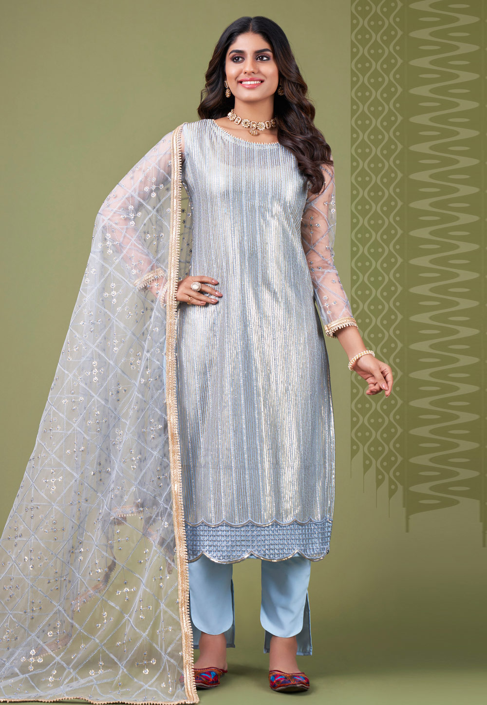 Sky Blue Net Pakistani Suit 259142