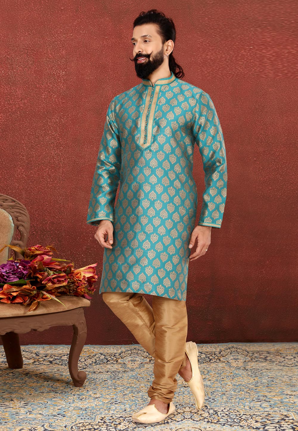 Sea Green Jacquard Silk Kurta Pajama 240439