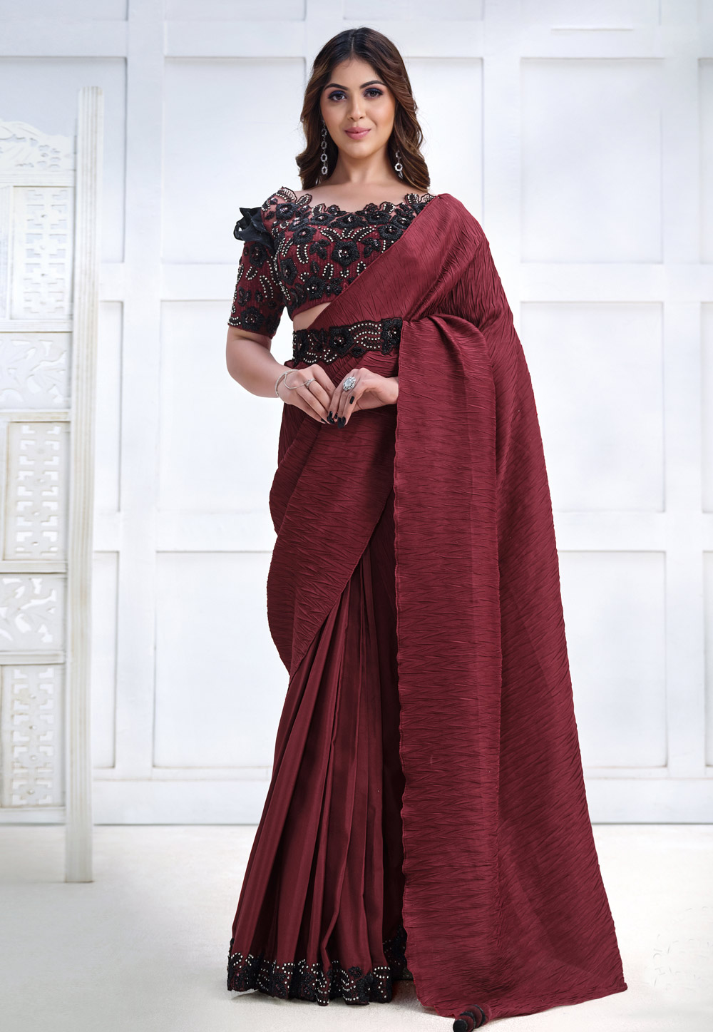 Maroon Crepe Silk Saree With Blouse 276019