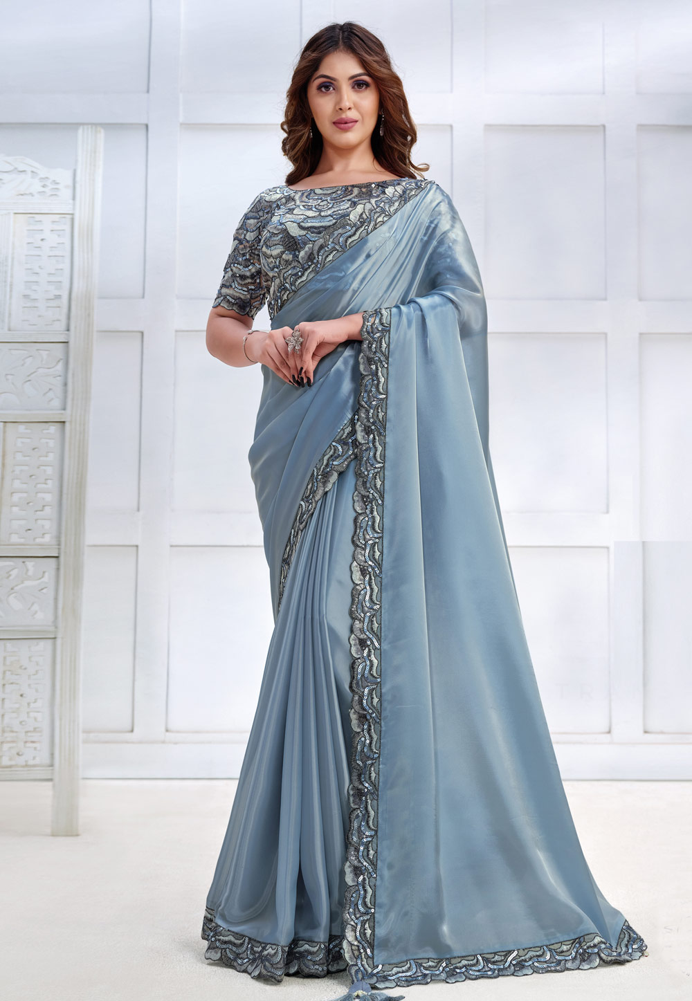 Light Blue Crepe Saree With Blouse 276025