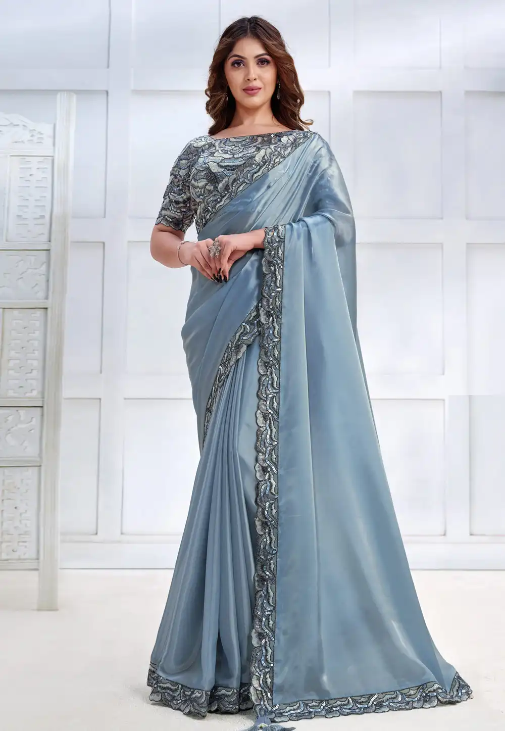 Light Blue Crepe Saree With Blouse 276025
