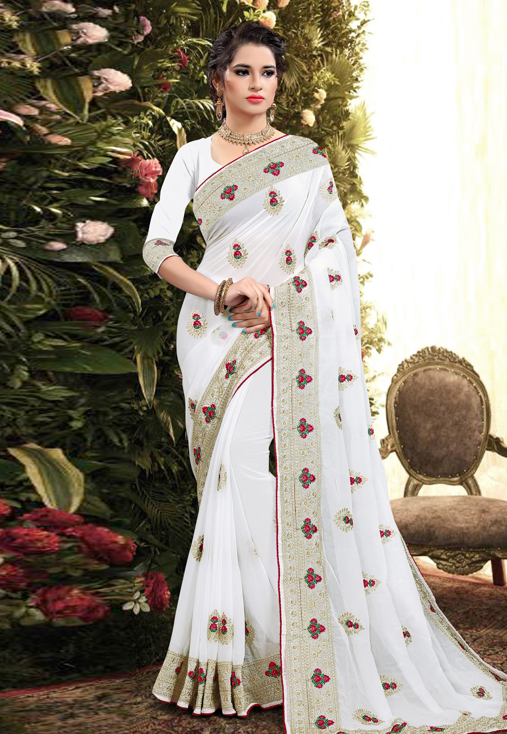 White Georgette Festival Wear Saree 206196