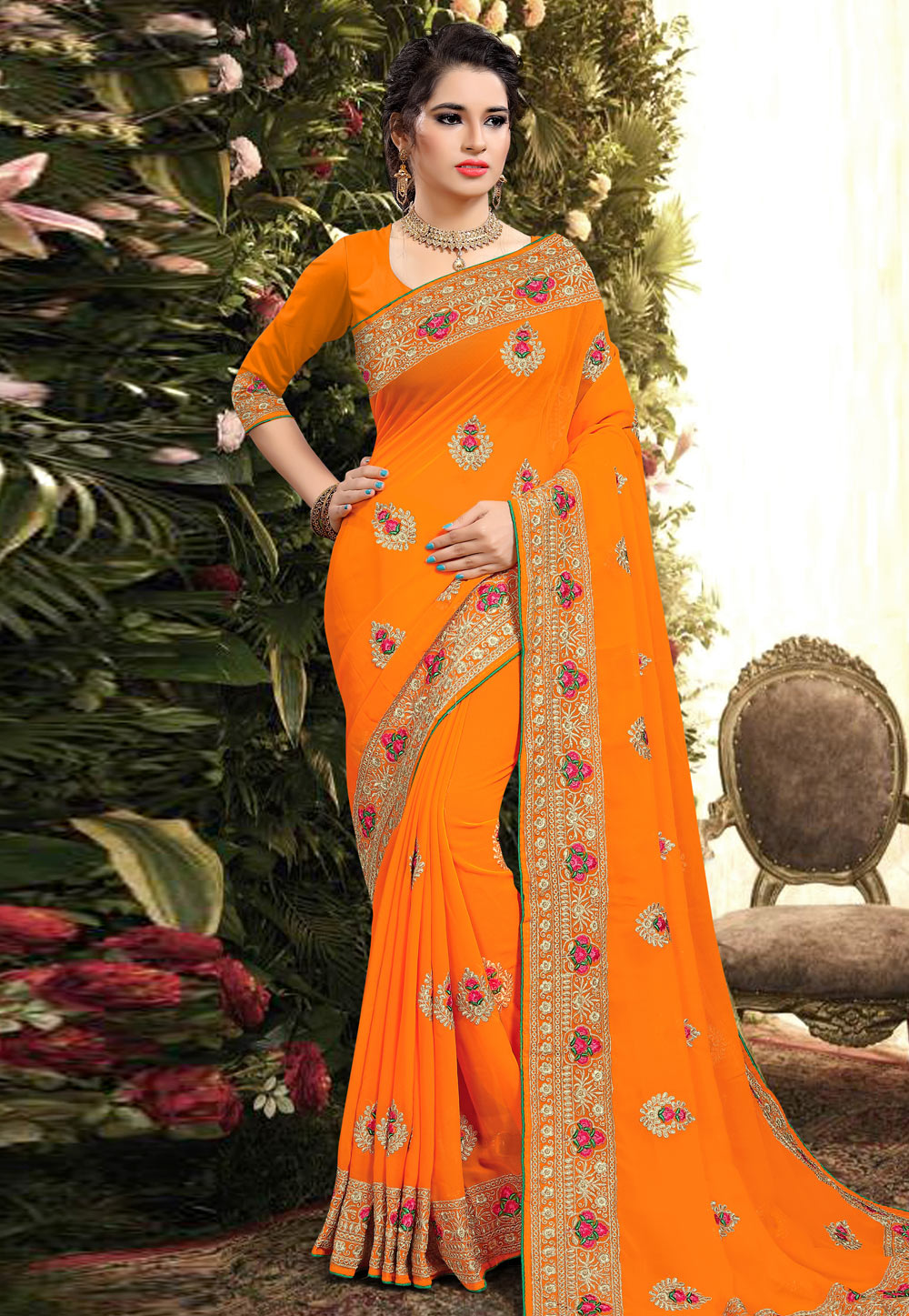 Orange Georgette Festival Wear Saree 206198