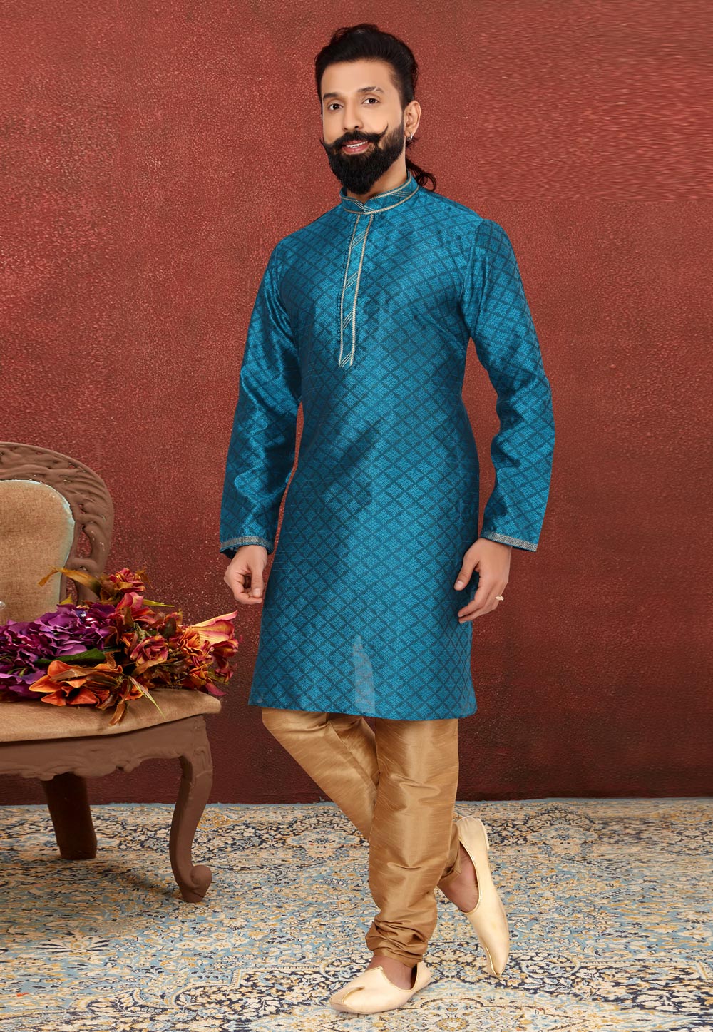 Teal Art Silk Kurta Pajama 240441