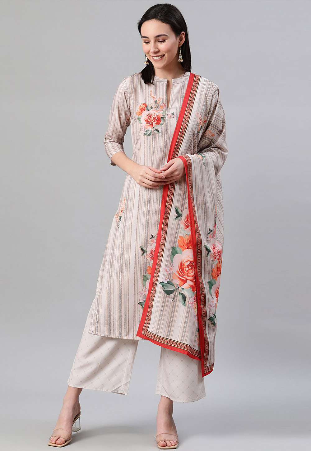 Grey Crepe Readymade Palazzo Suit 234119