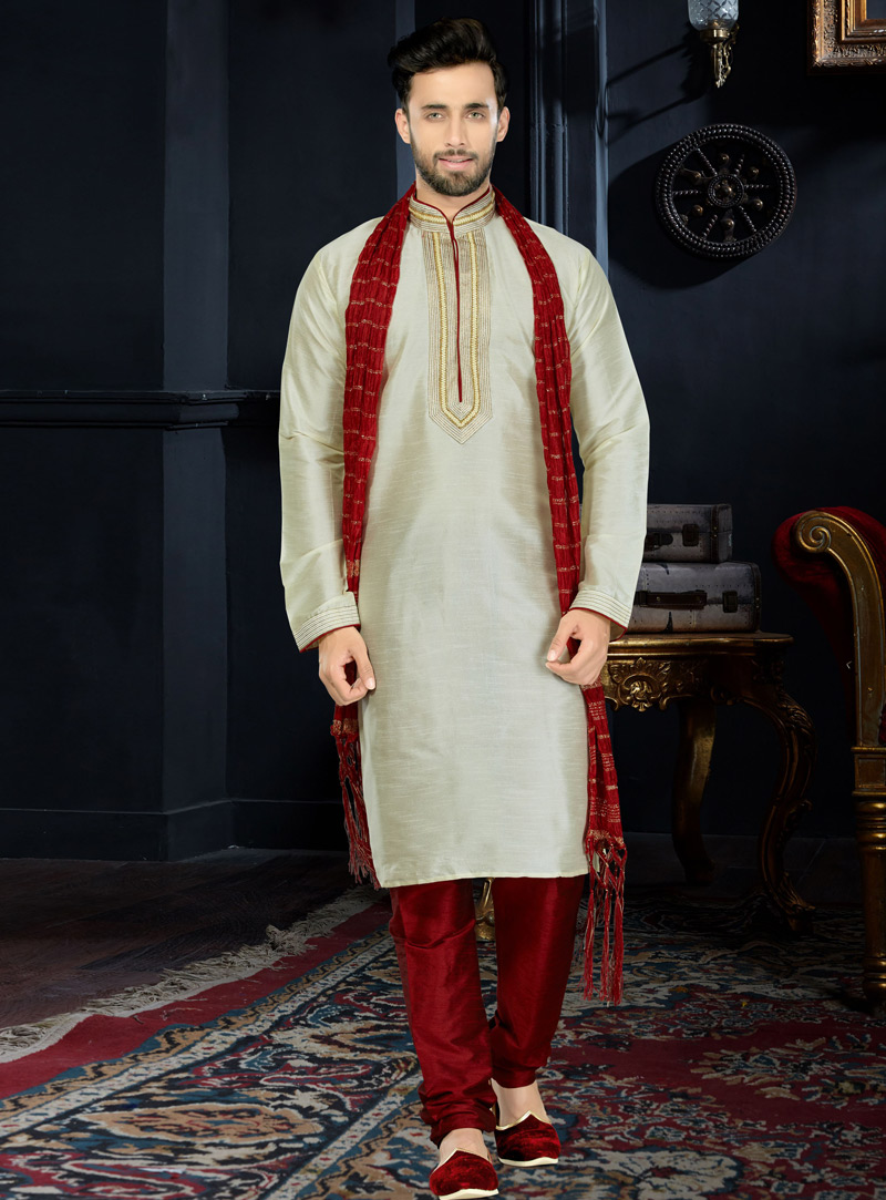 Off White Art Dupion Readymade Kurta Pajama 103760