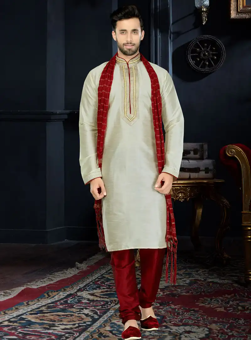Off White Art Dupion Readymade Kurta Pajama 103760