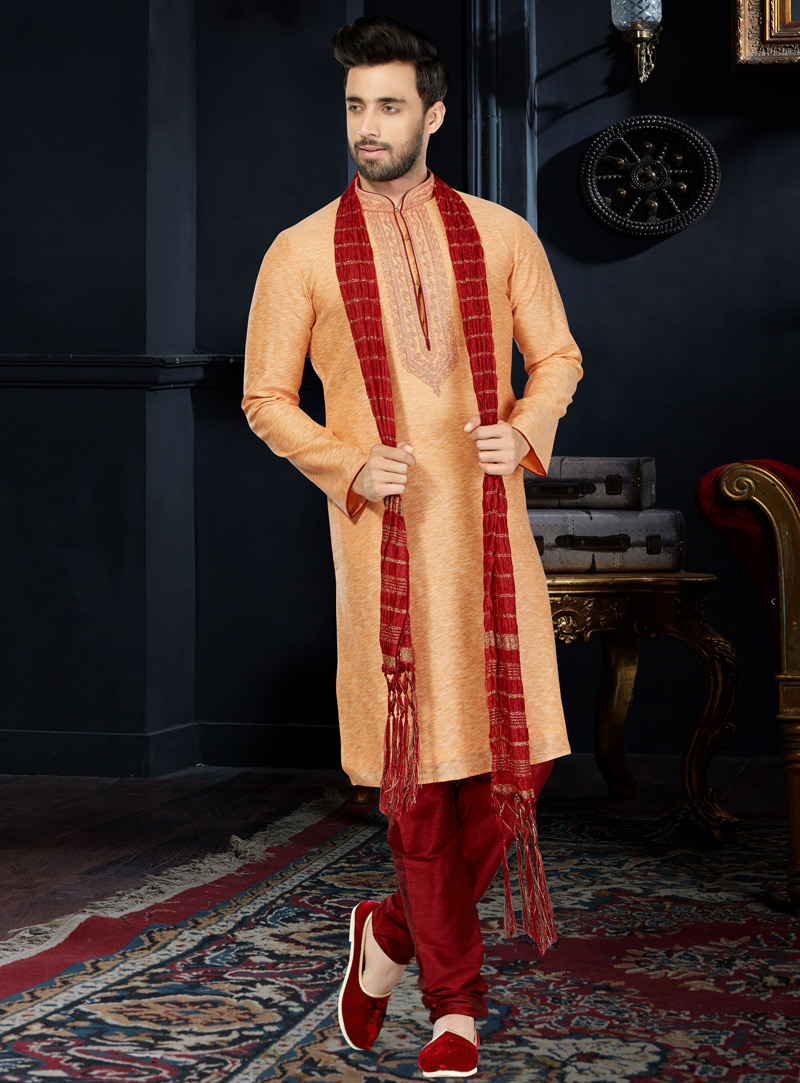 Light Orange Cotton Readymade Kurta Pajama 103762
