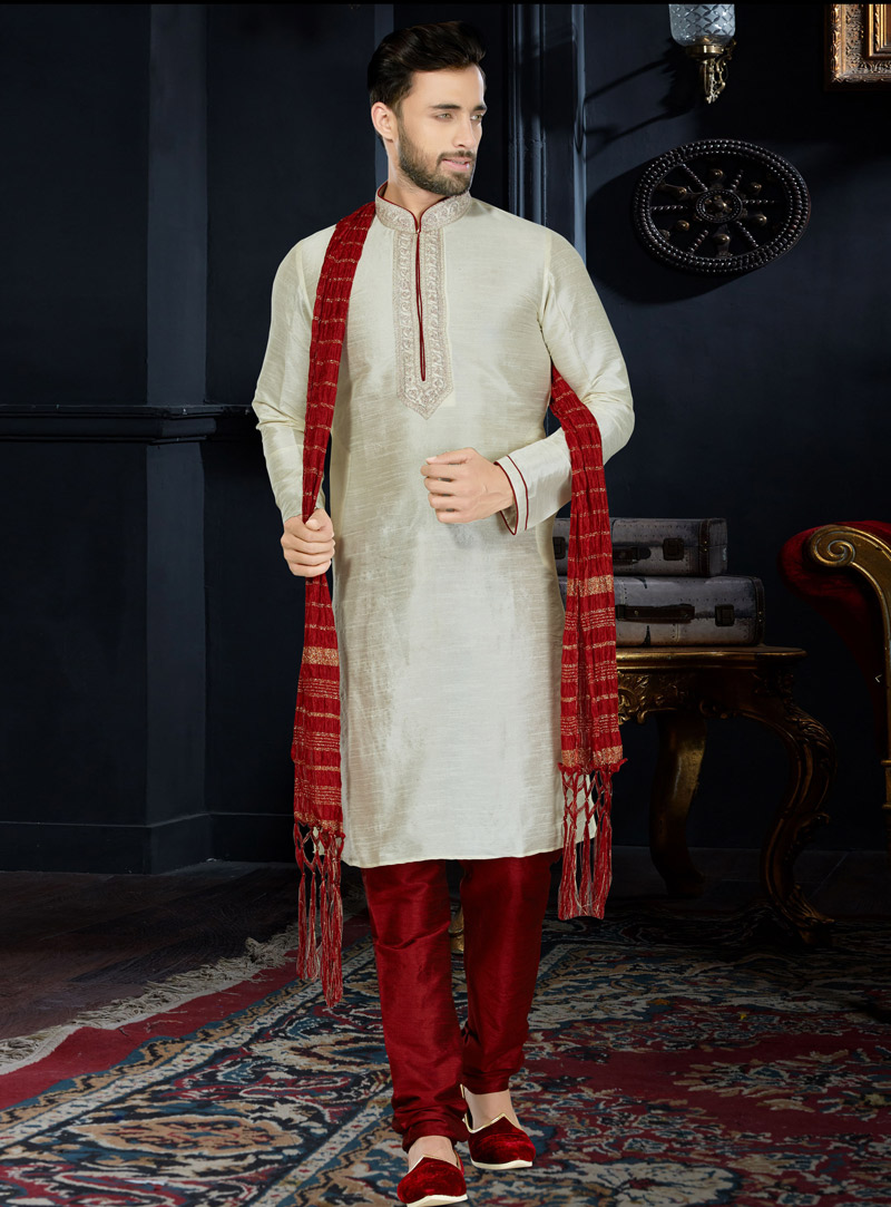 Off White Art Dupion Readymade Kurta Pajama 103766
