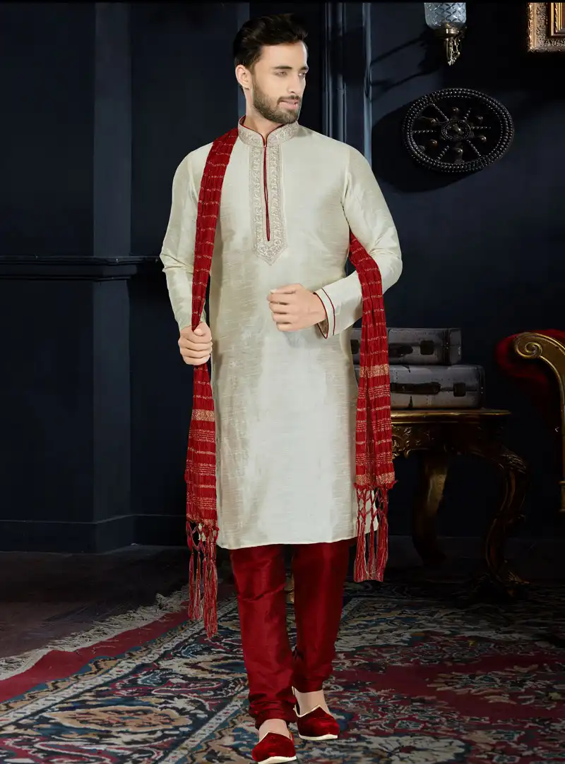 Off White Art Dupion Readymade Kurta Pajama 103766