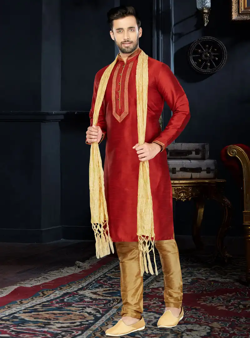 Red Art Dupion Readymade Kurta Pajama 103772