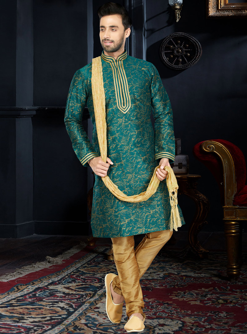 Teal Cotton Readymade Kurta Pajama 103773