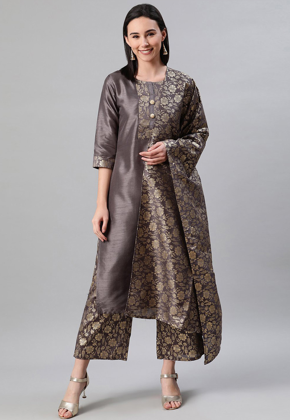 Grey Poly Silk Readymade Palazzo Suit 234122