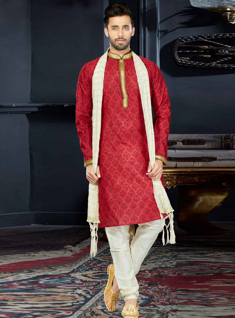 Red Cotton Readymade Kurta Pajama 103810