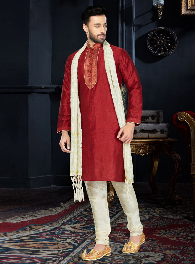 Red Art Dupion Readymade Kurta Pajama 103820