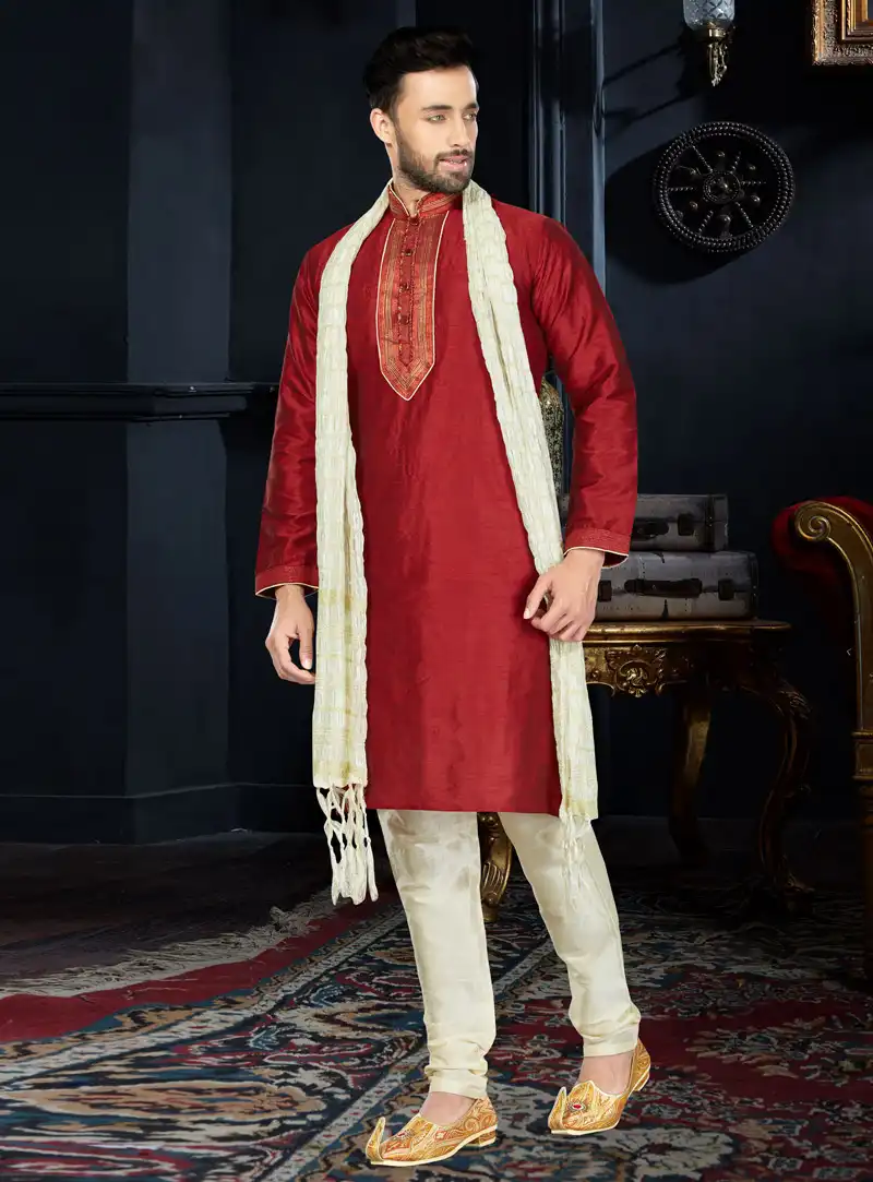 Red Art Dupion Readymade Kurta Pajama 103820
