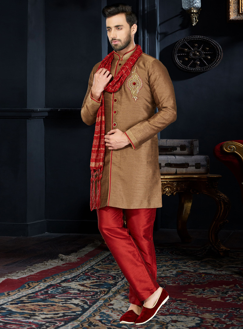 Brown Art Dupion Readymade Kurta Pajama 103970