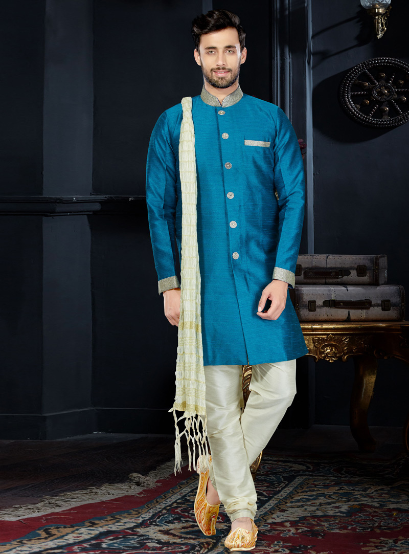 Blue Silk Readymade Kurta Pajama 103977
