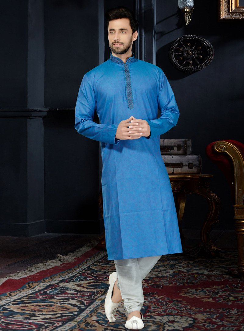 Blue Silk Readymade Kurta Pajama 103979
