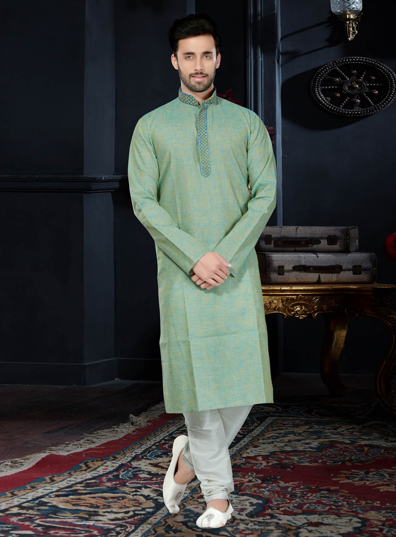 Sea Green Cotton Readymade Kurta Pajama 103981