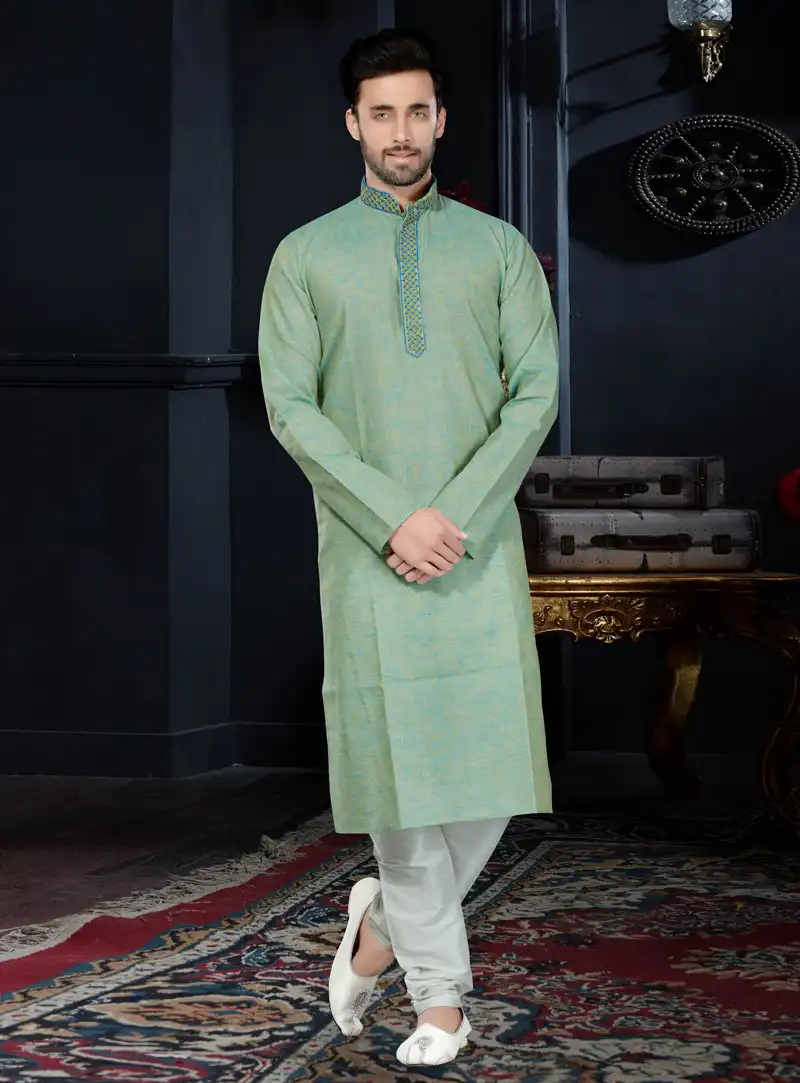 Sea Green Cotton Readymade Kurta Pajama 103981