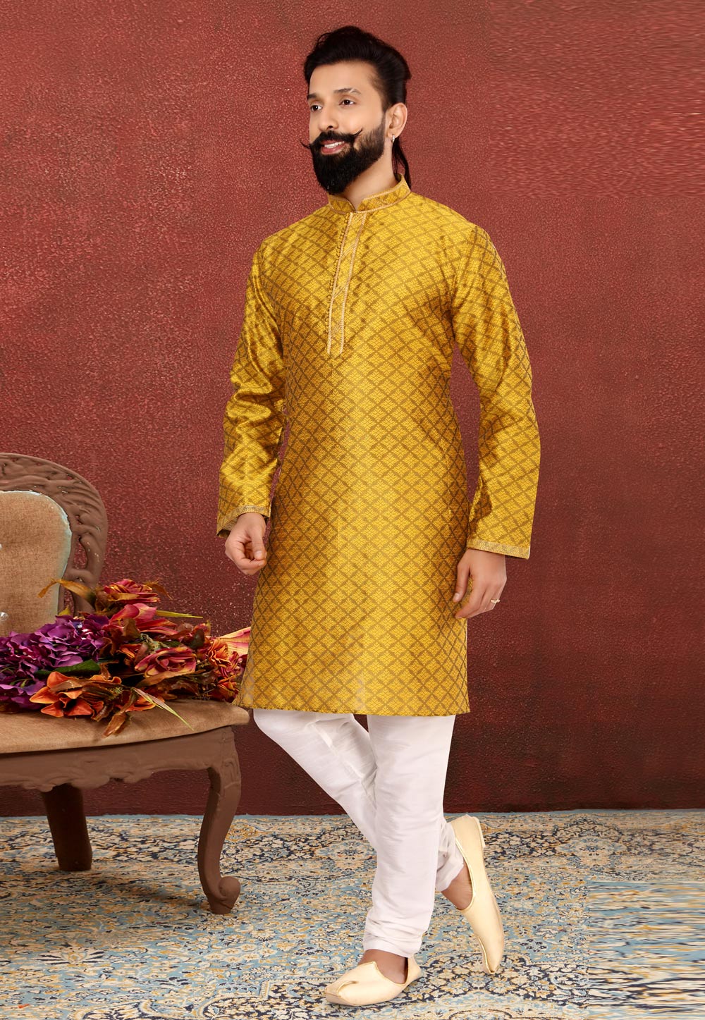 Yellow Art Silk Kurta Pajama 240444