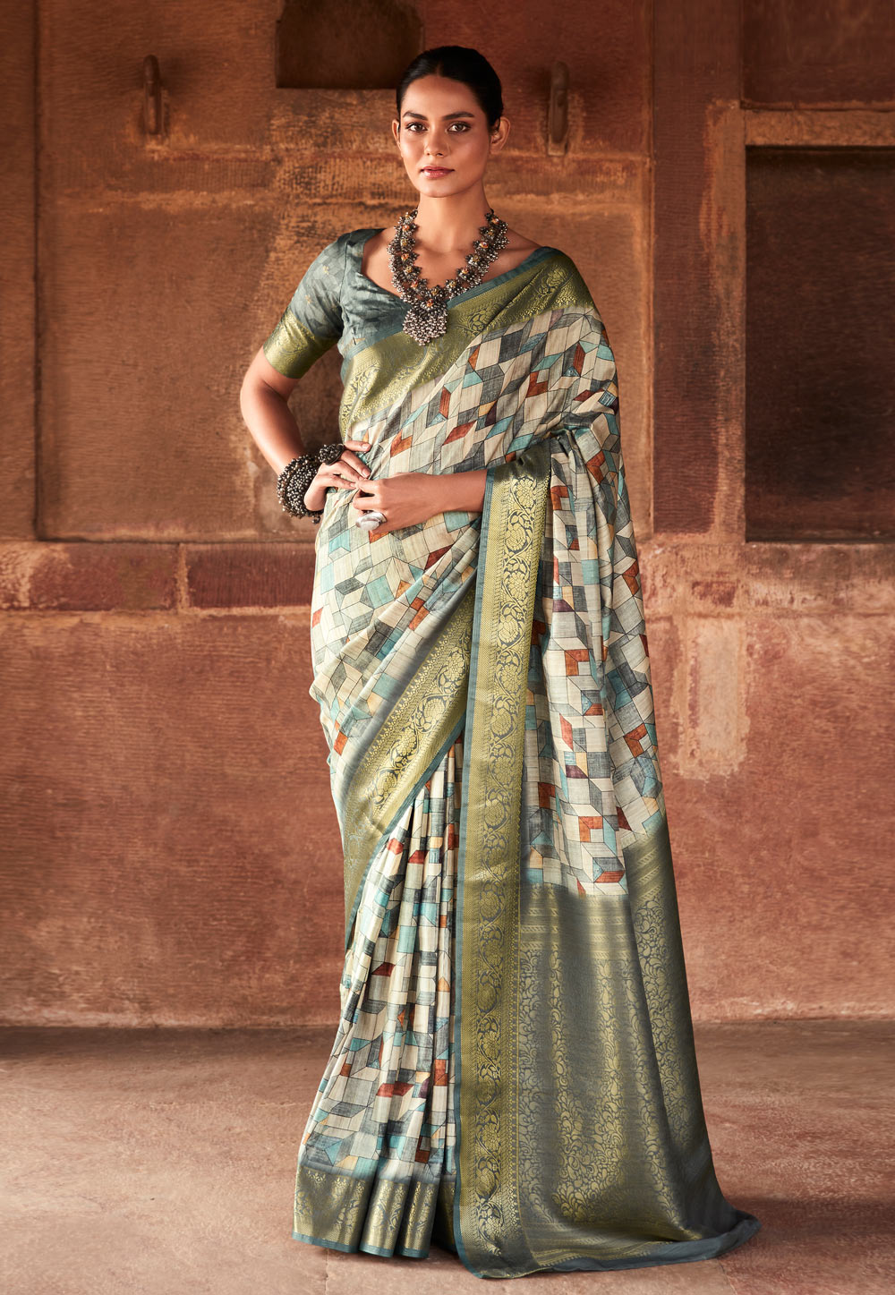 Off White Tussar Saree With Blouse 277385
