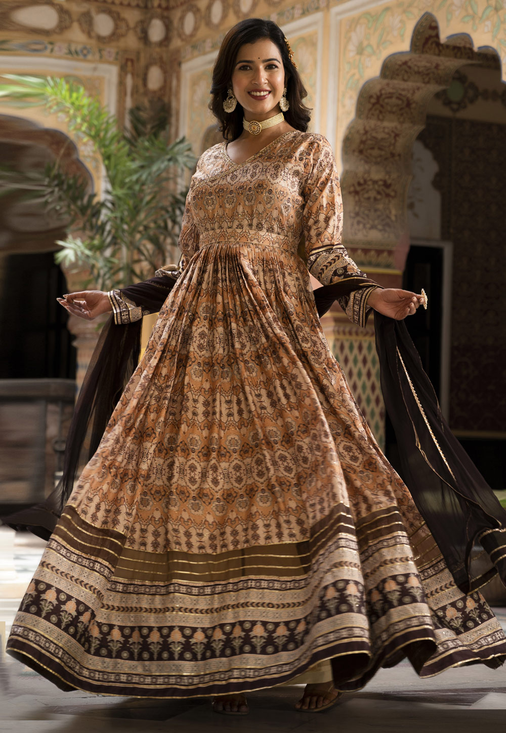 Beige Soft Silk Readymade Long Anarkali Suit 277158