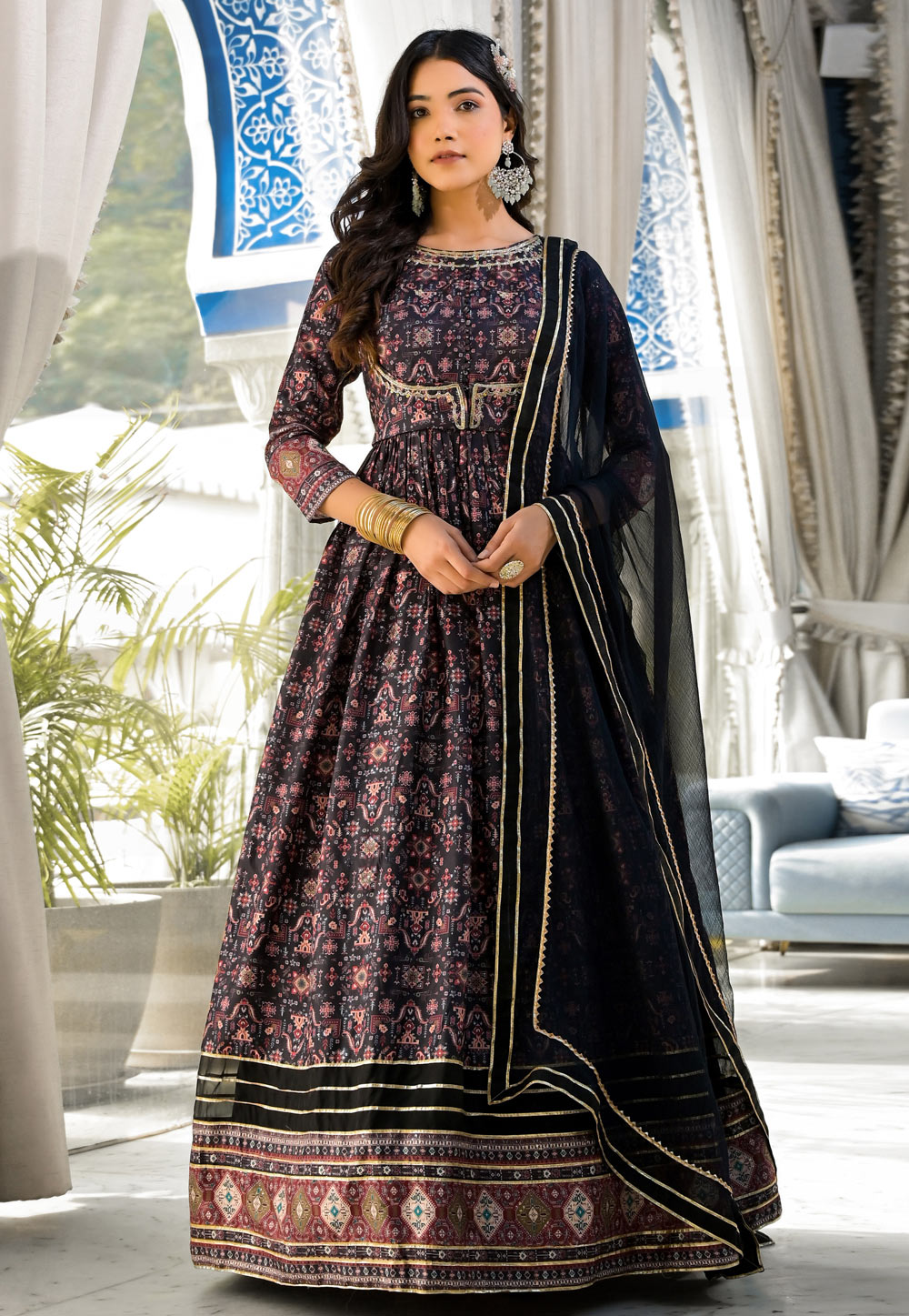 Black Soft Silk Readymade Long Anarkali Suit 277160
