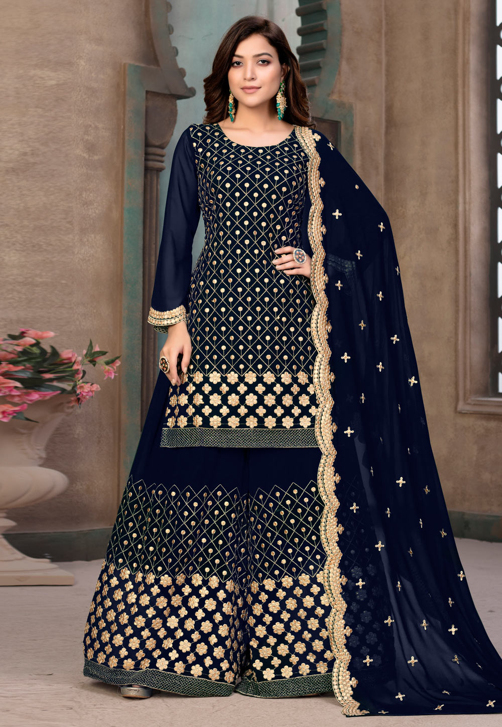 Navy Blue Faux Georgette Palazzo Suit 227404