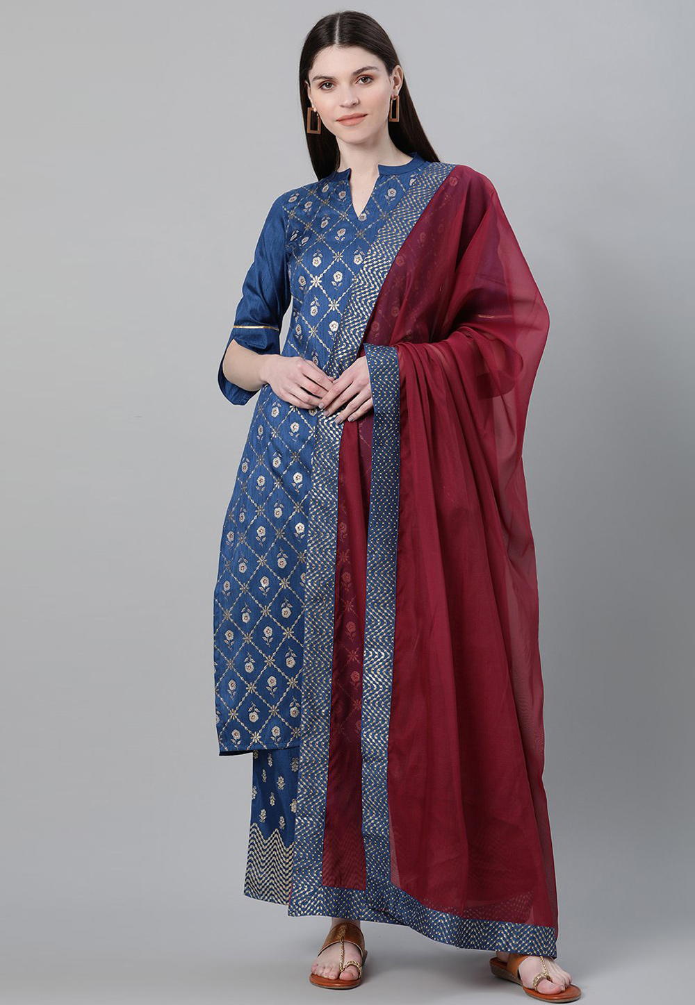 Blue Poly Silk Readymade Kameez With Palazzo 234159