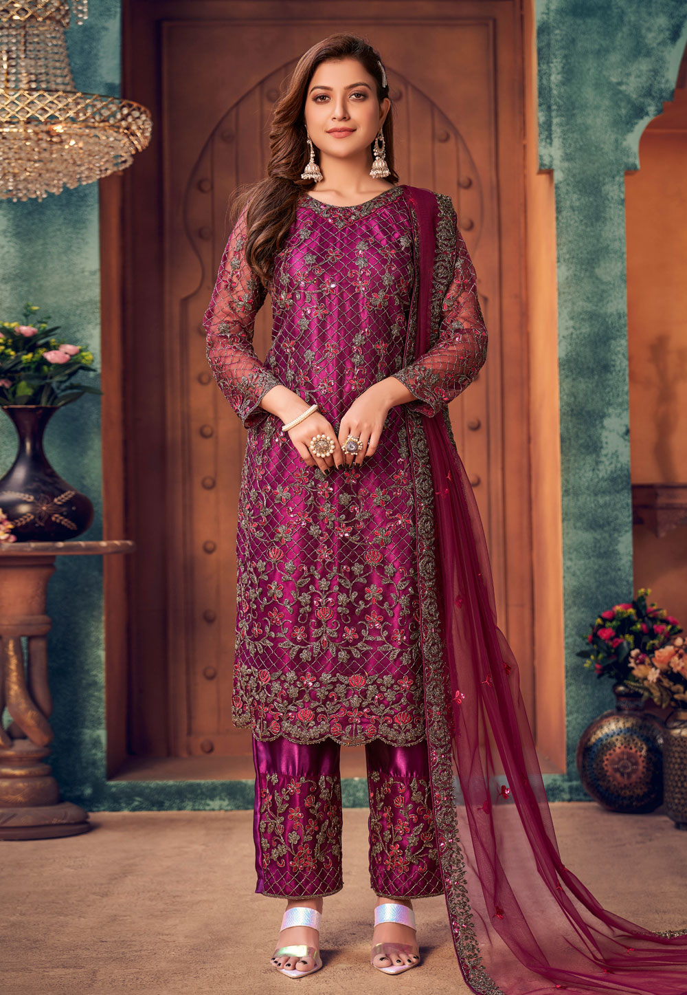 Purple Net Kameez With Pant 241901