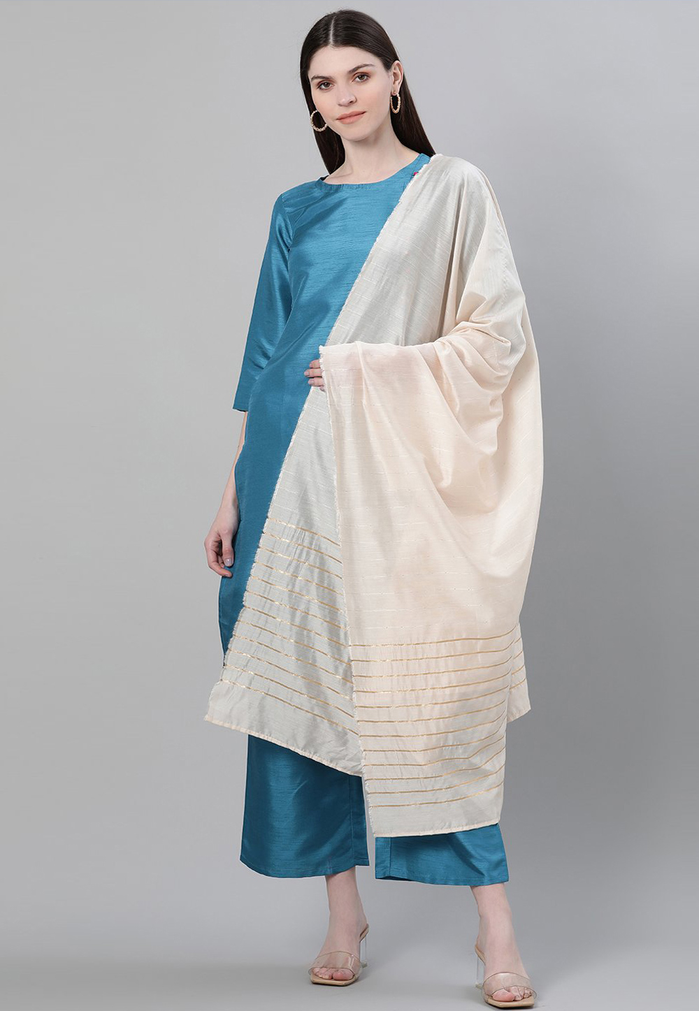 Blue Poly Silk Readymade Palazzo Suit 234161