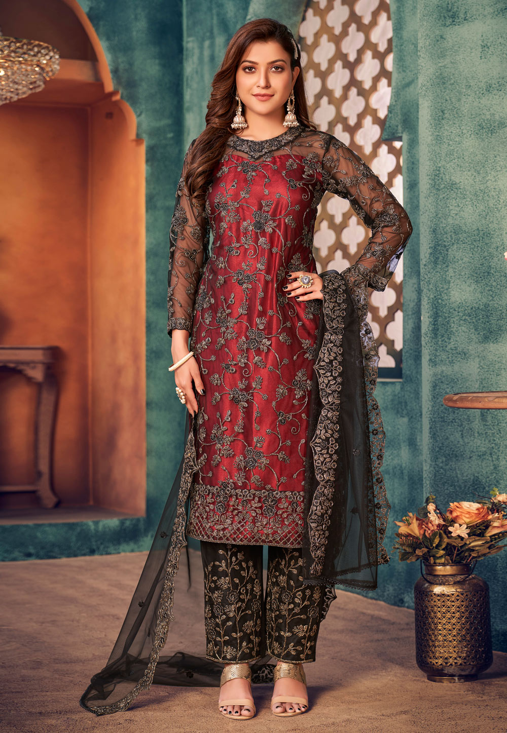 Maroon Net Kameez With Pant 241903