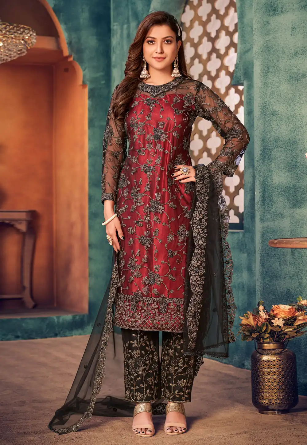 Maroon Net Kameez With Pant 241903