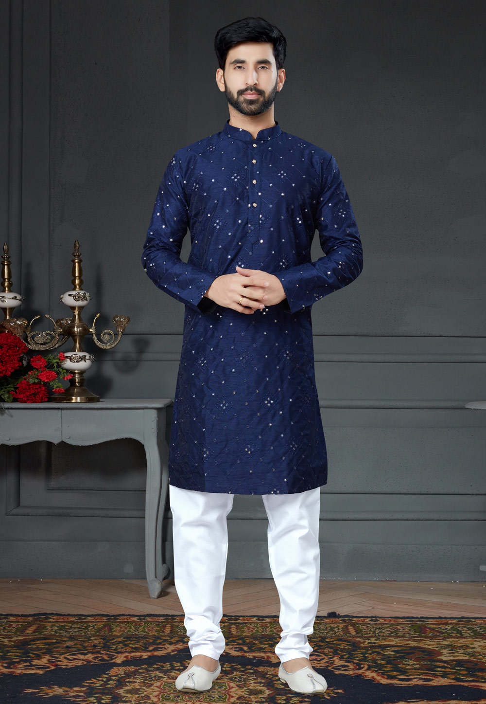 Navy Blue Cotton Kurta Pajama 250980