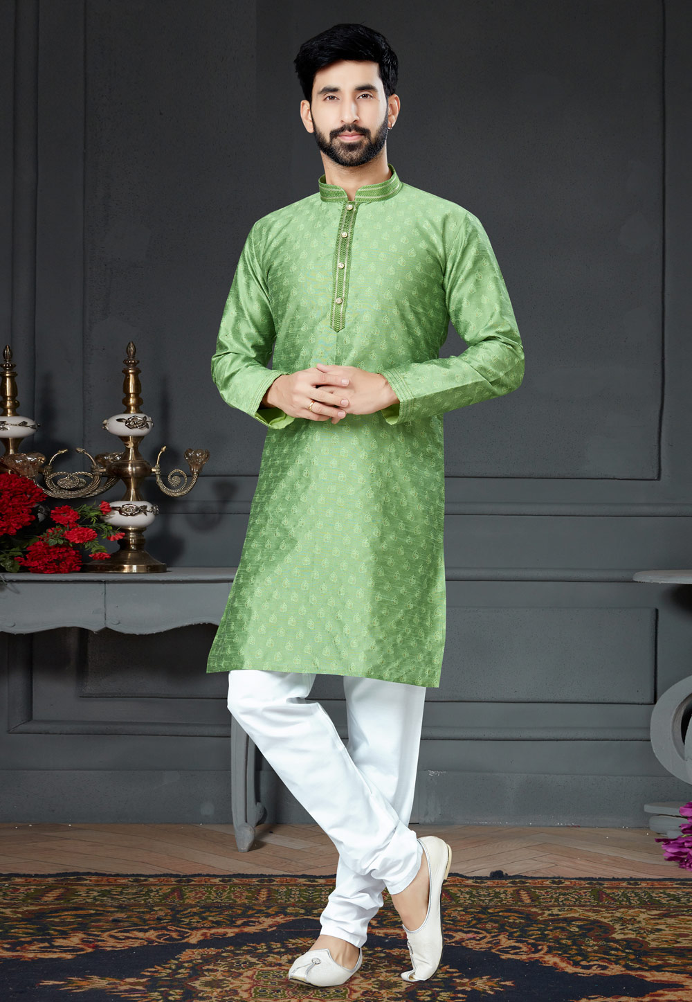 Light Green Silk Kurta Pajama 250983