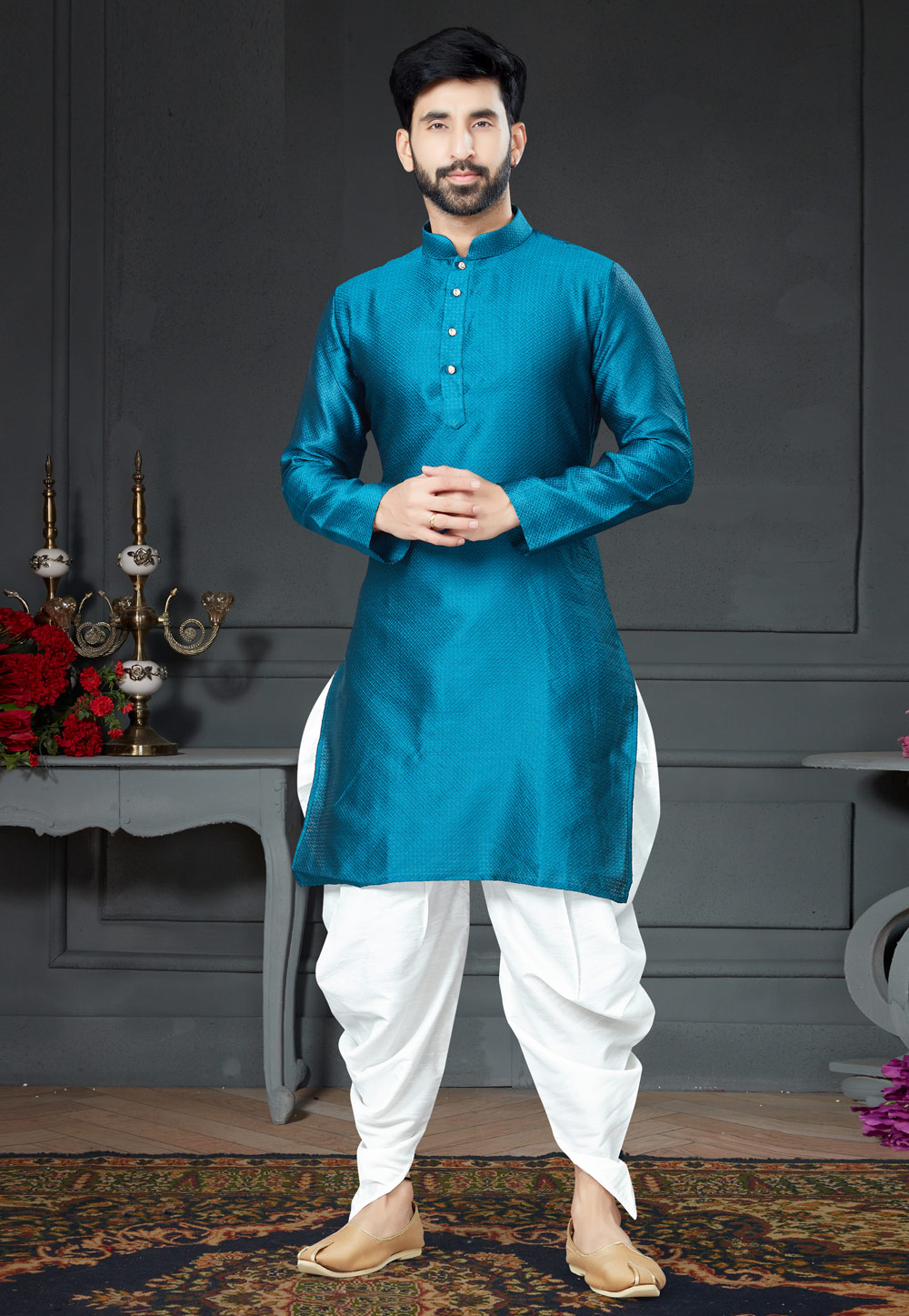 Teal Silk Dhoti Kurta 250987