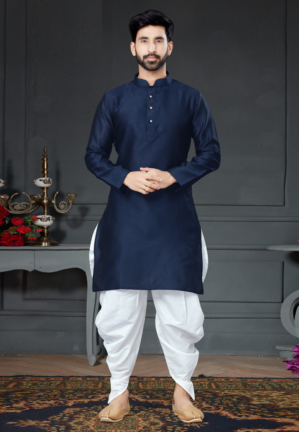 Navy Blue Silk Dhoti Kurta 250988