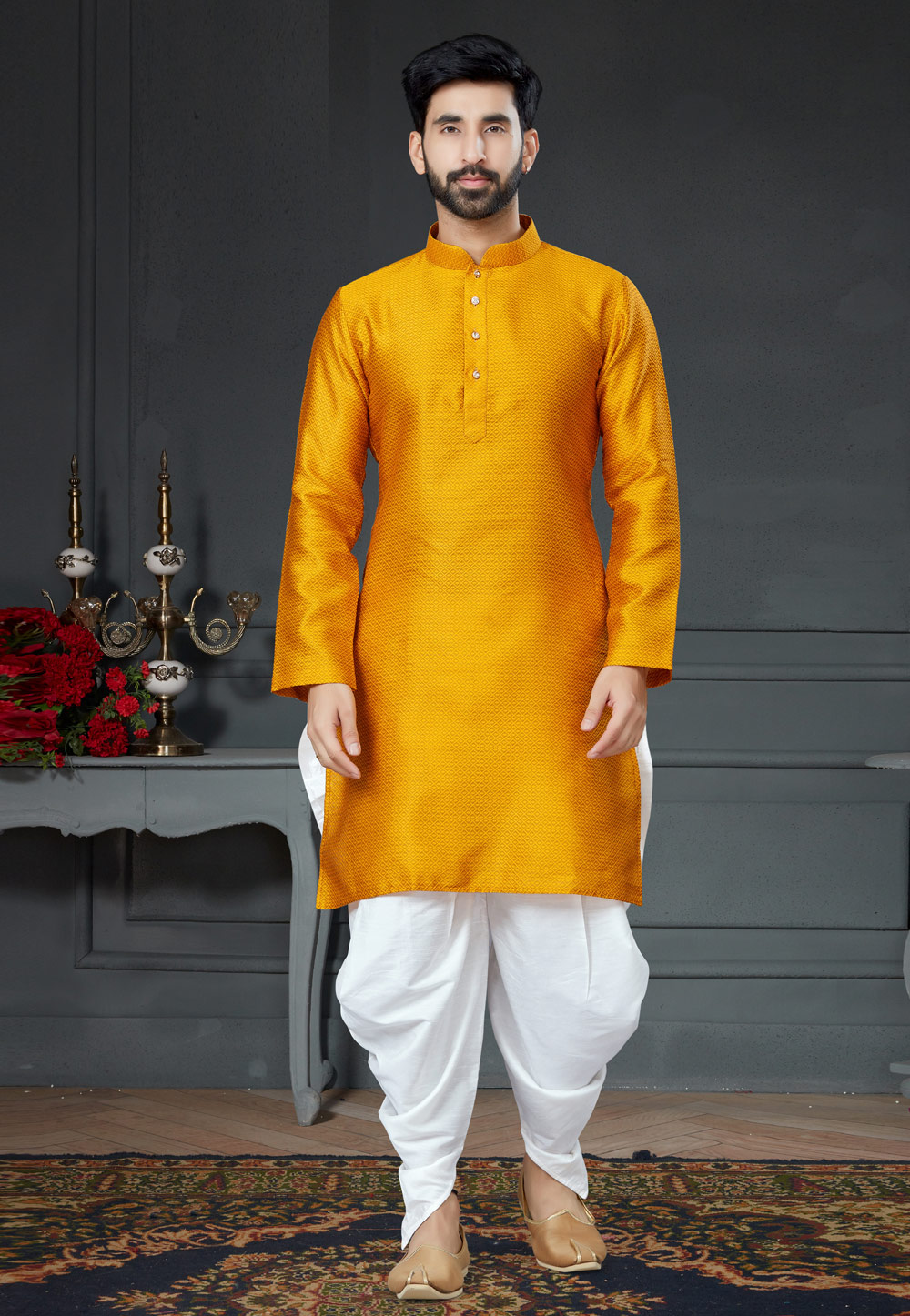 Yellow Silk Dhoti Kurta 250989