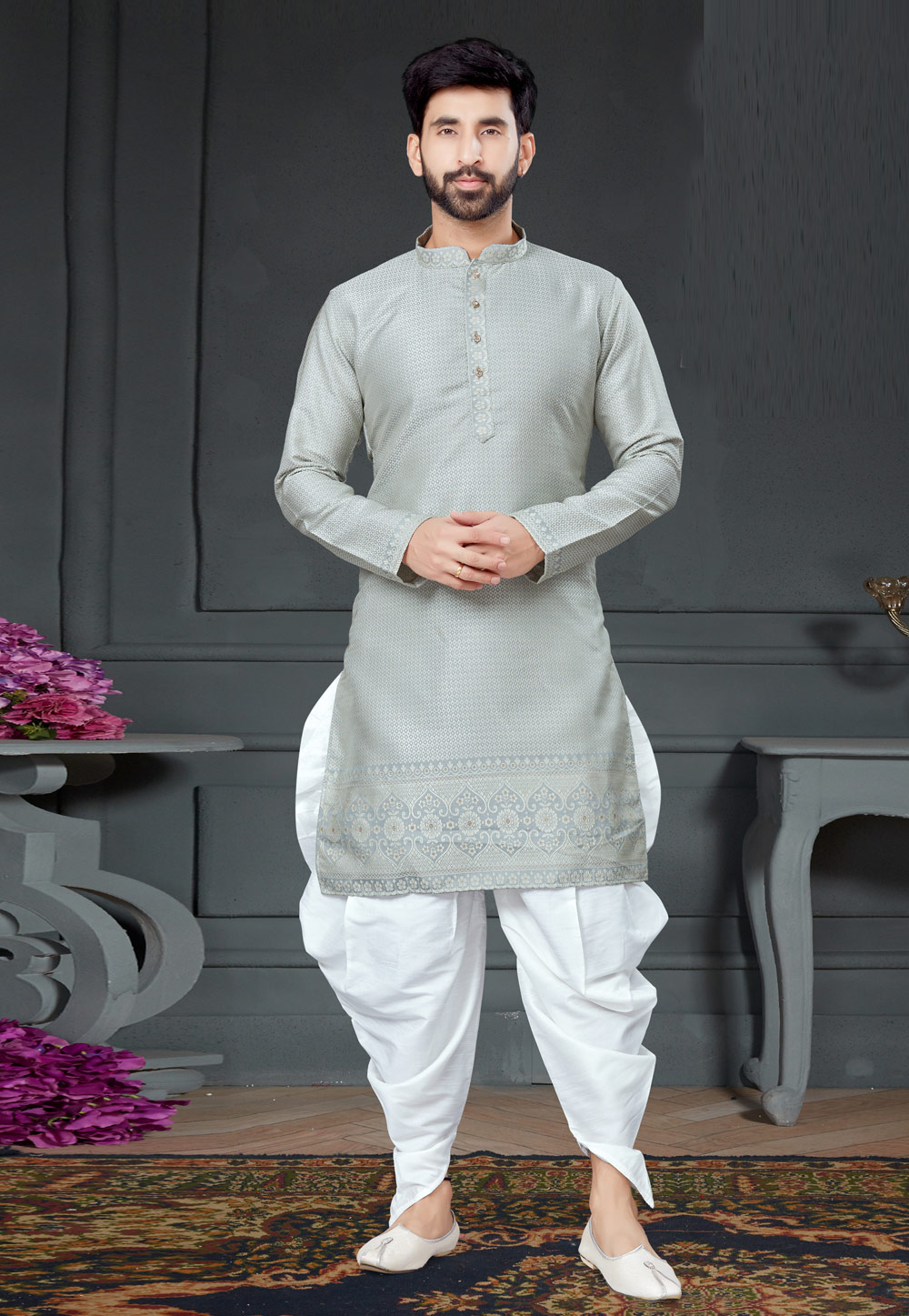 Grey Silk Jacquard Dhoti Kurta 250990