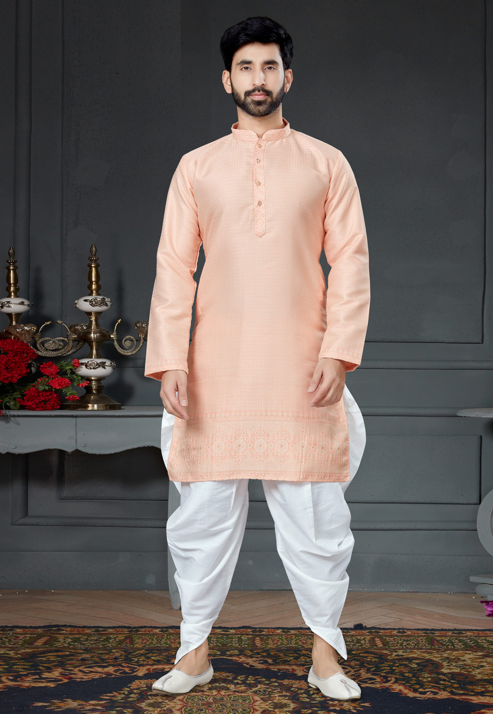 Peach Silk Jacquard Dhoti Kurta 250991