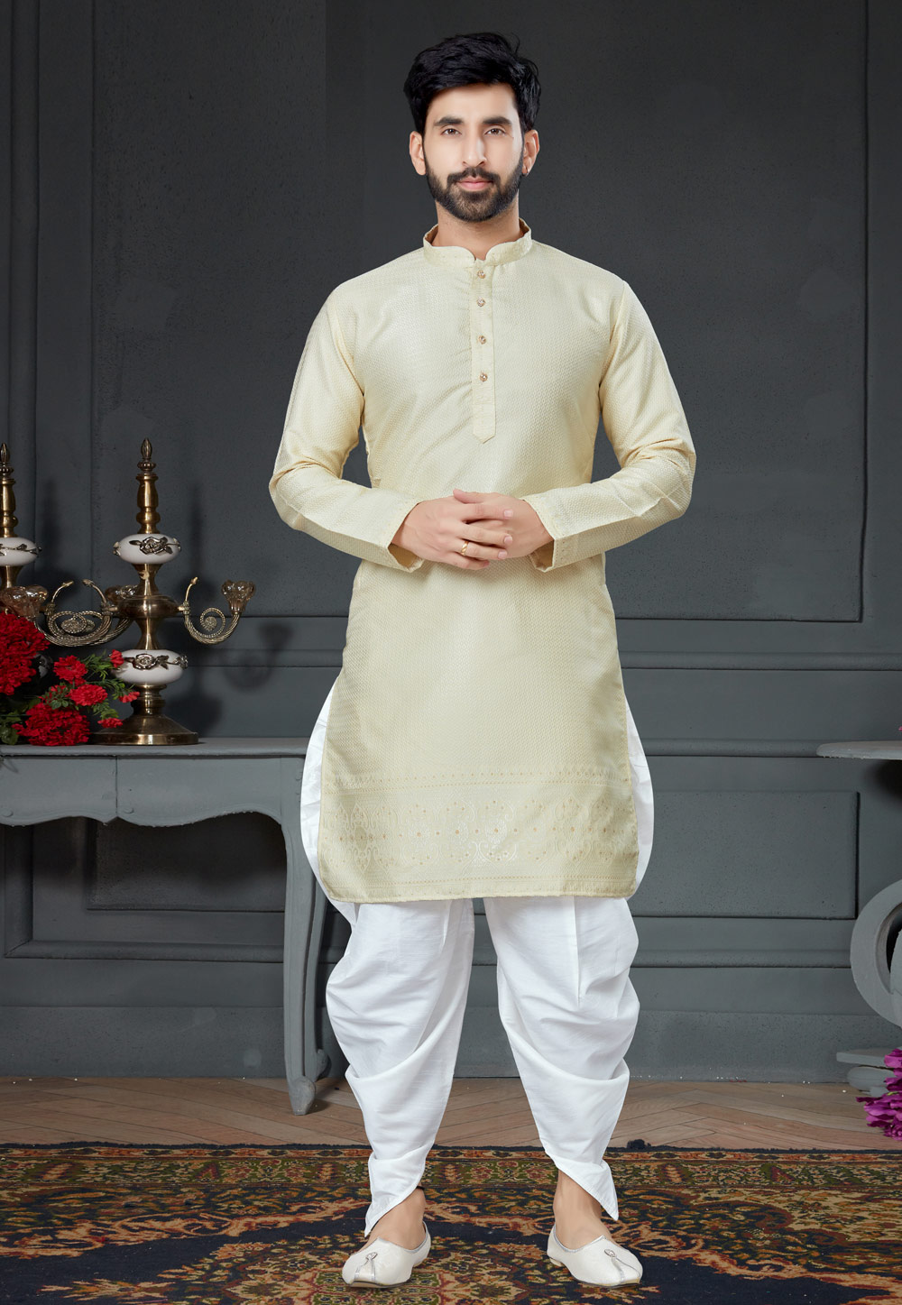 Cream Silk Jacquard Dhoti Kurta 250992