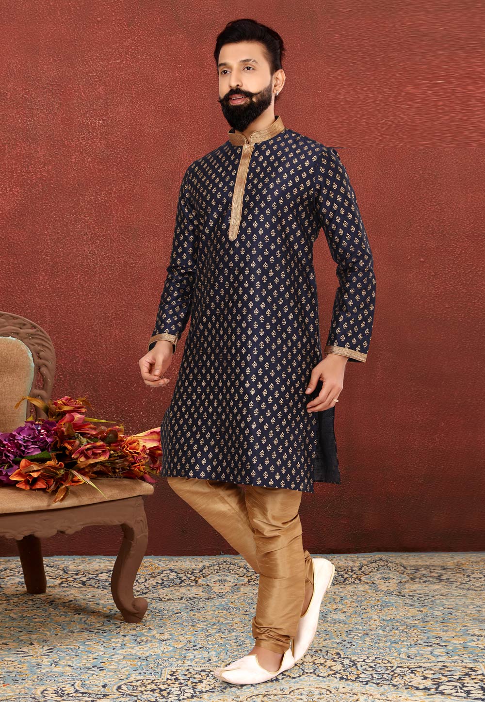 Navy Blue Banarasi Kurta Pajama 240448