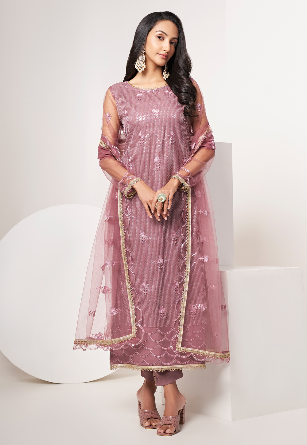 Pink Net Straight Cut Suit 272973